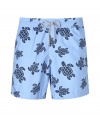 A brand original style since the 70s detailed with a stenciled turtle print, Vilebrequins Moorea swim trunks are as fun as they are iconic - Waterproof elastic waistband, back flap pocket, side slit pockets, back eyelets for release of water, durable drawstring cord with stainless metal aglets, interior cotton briefs - Classic slim fit - Wear in the water, or post-swim with a polo and flip-flops - Comes with a logo printed drawstring pouch