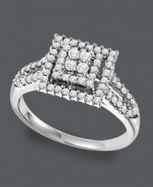 She's entitled to something exquisite. This unique diamond engagement ring features a square-shaped setting decorated with sparkling, round-cut diamonds (1/2 ct. t.w.). Crafted in sterling silver. Sizes 5-8. She's entitled to something exquisite. This unique diamond engagement ring features a square-shaped setting decorated with sparkling, round-cut diamonds (1/2 ct. t.w.). Crafted in sterling silver. Sizes 5-8.