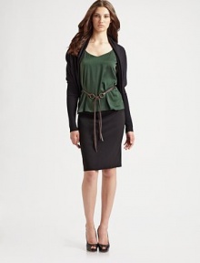The modern cardigan in soft wool is draped, gathered and finished with ribbing for structure.No closures Three-quarter ribbing on sleeves Paneled back Body length, about 17½ at sides Italian wool Hand wash or dry clean ImportedModel shown is 5'9 (175cm) wearing US size Small. The modern cardigan in soft wool is draped, gathered and finished with ribbing for structure.No closures Three-quarter ribbing on sleeves Paneled back Body length, about 17½ at sides Italian wool Hand wash or dry clean ImportedModel shown is 5'9 (175cm) wearing US size Small.