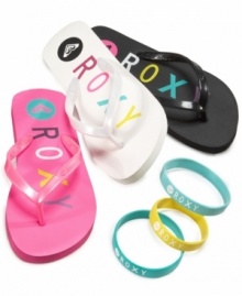 Be prepared! Getting outside in summer style is as simple as slipping on these flip-flops and matching bracelet from Roxy. Be prepared! Getting outside in summer style is as simple as slipping on these flip-flops and matching bracelet from Roxy.