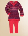 A vibrant preppy set includes a Fair Isle print knit and matching slim leggings. Tunic Scoopneck with v-insetLong raglan sleeves with rib-knit cuffsRib-knit hem Leggings Elastic waist50% polyester/50% rayonMachine washMade in USA