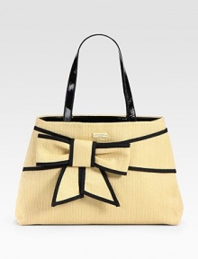 An oversized carryall of woven straw with lustrous patent leather trim, styled with a large front bow.Shoulder straps, 9 dropProtective metal feetOne center zip compartmentOne inside zip pocketTwo inside open pocketsCotton lining15¾W X 10¼H X 4¼DImported An oversized carryall of woven straw with lustrous patent leather trim, styled with a large front bow.Shoulder straps, 9 dropProtective metal feetOne center zip compartmentOne inside zip pocketTwo inside open pocketsCotton lining15¾W X 10¼H X 4¼DImported