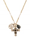 The shine of the cross illuminates in this charm necklace from Lucky Brand. Crafted from gold-tone mixed metal, the necklace features semi-precious dyed jade and glass accents. Item comes packaged in a signature Lucky Brand Box. Approximate length: 30 inches. Approximate drop: 1-1/2 inches.