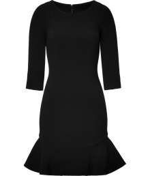 Give your cocktails wardrobe an ultra feminine infusion with Jay Ahrs exquisitely tailored jet black wool blend sheath - Rounded neckline, 3/4 sleeves, hidden back zip, ruffled hemline, form-fitting - Pair with color-pop pumps and a statement clutch