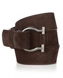 Keep your pants on, chicly, with this lush suede Salvatore Ferragamo belt. Keep your pants on, chicly, with this lush suede Salvatore Ferragamo belt.