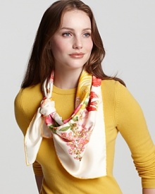 A life-like floral print bursts across a square silk scarf, the perfect pattern to drape across your shoulders or wrap around the neck. A life-like floral print bursts across a square silk scarf, the perfect pattern to drape across your shoulders or wrap around the neck.