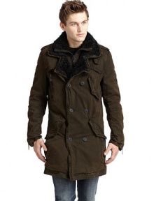THE LOOKFaux shearling layered notch collarConcealed front zipperDouble-breasted button frontEpaulettesDual chest gun flapsFront zip pocketThree angled snap flap pocketsLong sleeves with zip cuffsBack button storm flapBack side vents with zipper closuresDual inside besom pocketsTHE FITAbout 37 from shoulder to hemTHE MATERIALShell: cottonFaux fur lining: 50% polyester/50% acrylicCARE & ORIGINMachine washImported THE LOOKFaux shearling layered notch collarConcealed front zipperDouble-breasted button frontEpaulettesDual chest gun flapsFront zip pocketThree angled snap flap pocketsLong sleeves with zip cuffsBack button storm flapBack side vents with zipper closuresDual inside besom pocketsTHE FITAbout 37 from shoulder to hemTHE MATERIALShell: cottonFaux fur lining: 50% polyester/50% acrylicCARE & ORIGINMachine washImported
