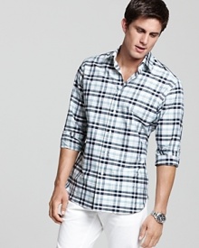 A fresh rendition of the classic, this impeccable Salvatore Ferragamo plaid sport shirt exudes new-season style. A fresh rendition of the classic, this impeccable Salvatore Ferragamo plaid sport shirt exudes new-season style.