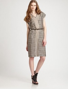 This loose-fitting silk style is banded with a striped pattern and cinched at the waist with a leather belt.V necklineCap sleevesIncluded leather belt with allover rivetsCotton liningAbout 25 from natural waistSilkDry cleanImportedModel shown is 5'10 (177cm) wearing US size 4. This loose-fitting silk style is banded with a striped pattern and cinched at the waist with a leather belt.V necklineCap sleevesIncluded leather belt with allover rivetsCotton liningAbout 25 from natural waistSilkDry cleanImportedModel shown is 5'10 (177cm) wearing US size 4.