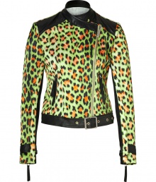 Work a wild edge into your cocktail attire with Just Cavallis eye-catching leopard print moto jacket - the perfect choice for pairing with Little Black Dresses - Stand-up leather collar, long sleeves with solid black paneling, zippered cuffs with snapped leather tabs, leather shoulder panels, off-center front zip, zippered pockets, belted leather hemline - Form-fitting - Wear with platform pumps and a jet black cocktail frock, or try with leather leggings and edgy ankle boots Work a wild edge into your cocktail attire with Just Cavallis eye-catching leopard print moto jacket - the perfect choice for pairing with Little Black Dresses - Stand-up leather collar, long sleeves with solid black paneling, zippered cuffs with snapped leather tabs, leather shoulder panels, off-center front zip, zippered pockets, belted leather hemline - Form-fitting - Wear with platform pumps and a jet black cocktail frock, or try with leather leggings and edgy ankle boots