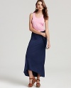 Casually chic in a so-hot colorblocked look, this maxi from So Low offers a two-piece look in one effortless pull-on dress. The a scoop-neck racerback tank and a hi-low long skirt join at the elastic waist hidden by a ribbon belt.