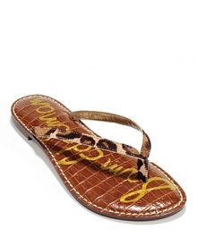 Leopard print calf hair and a croc-embossed leather sole take the basic flip flop to the wild side.