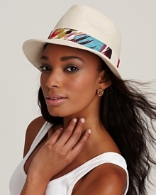 A lightweight cotton fedora with a multicolored ribbon accent for edgy style. A lightweight cotton fedora with a multicolored ribbon accent for edgy style.