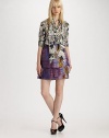 Abstract brush-stroke print stands out against tiered pleats for a unique statement piece.High waist A-line silhouette Side zipper About 18 long Polyester Dry clean Made in USA of Italian fabric