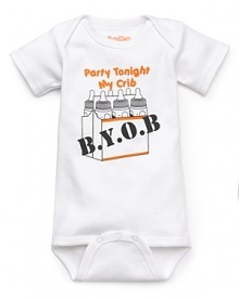 A short sleeve romper with baby bottles and Party tonight in my crib - BYOB printed on front. A short sleeve romper with baby bottles and Party tonight in my crib - BYOB printed on front.