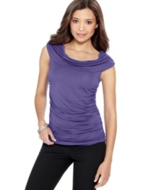 A draped cowl neck and ruching adds feminine flair to this T Tahari top -- a stylish spring staple!