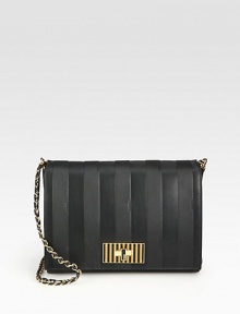 This embossed leather style has an elegant striped style with a sophisticated leather accented chain strap and a signature closure.Detachable adjustable shoulder strap, 10½-19 dropTurnlock flap closureTwo inner compartmentsOne inside zip pocketCotton lining11½W X 9½H X 4DMade in Italy