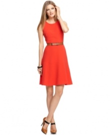 Calvin Klein makes this classic A-line even crisper with seamed details throughout the bodice and skirt and with the addition of a sleek, minimalist belt. Calvin Klein makes this classic A-line even crisper with seamed details throughout the bodice and skirt and with the addition of a sleek, minimalist belt.