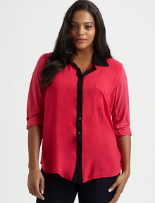 When you wear this soft jersey button-down style, you will adore its fit. Its on-trend contrast details add a stylish dimension. Collar neckRoll-tab sleevesButton frontPatch pocketAbout 25 from shoulder to hemRayonMachine washMade in USA