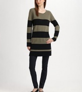 Bold stripes highlight this body-hugging silhouette, crafted from a luxe wool and cashmere knit.Scoopneck Long sleeves Ribbed trim Pullover style About 20 from natural waist 70% Merino wool/30% cashmere Dry clean Imported