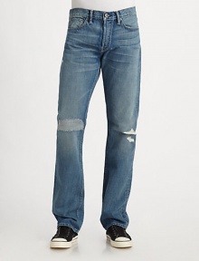Slim fit five-pocket design cut from fine selvage denim that is meticulously woven on narrow, shuttle looms for a premium texture.Mid-width waistband with belt loops Front zipper and button fly Five-pocket style Creased and whiskered details at legs Faded detail at back waistband Inseam, about 32 Cotton; hand wash or machine wash Made in USA Slim fit five-pocket design cut from fine selvage denim that is meticulously woven on narrow, shuttle looms for a premium texture.Mid-width waistband with belt loops Front zipper and button fly Five-pocket style Creased and whiskered details at legs Faded detail at back waistband Inseam, about 32 Cotton; hand wash or machine wash Made in USA
