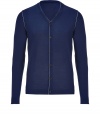 With a timeless blue hue and modern contrast trim, Jil Sanders wool cardigan is both classic and contemporary - High V-neckline, long sleeves, button-down front, contrast trimmed seaming - Slim fit - Wear with a button-down, tailored trousers and lace-ups