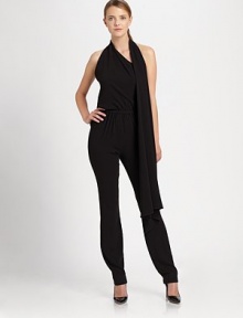 A long draped panel adds high drama to this stylish silhouette. Cascading neck sashSleevelessElasticized waistSide zipperTapered legElasticized backFully linedAbout 34 from natural waist60% triacetate/40% polyesterDry cleanImportedModel shown is 5'10½ (179cm) wearing US size 4. A long draped panel adds high drama to this stylish silhouette. Cascading neck sashSleevelessElasticized waistSide zipperTapered legElasticized backFully linedAbout 34 from natural waist60% triacetate/40% polyesterDry cleanImportedModel shown is 5'10½ (179cm) wearing US size 4.