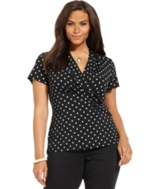 Get spotted in Charter Club's short sleeve plus size top, featuring a polka-dot print and cross front design.