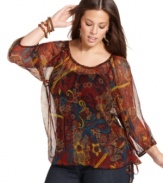 Renew your style for the season with Lucky Brand Jeans' three-quarter-sleeve plus size top, featuring a sheer paisley print.