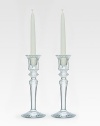 Finely crafted candlesticks in pure lead crystal with subtle texture and splendid clarity. From the Mille Nuits Collection Set of 2 Fits standard taper candle Candle not included 7½ high Hand wash Made in France