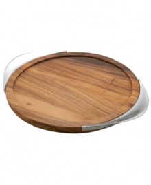 Add chic sophistication to cocktail service or champagne toasts with the Tilt bar tray from Nambé. Lustrous metal handles flank acacia wood with a raised rim to prevent spills. Coordinates with Tilt barware and stemware. Add chic sophistication to cocktail service or champagne toasts with the Tilt bar tray from Nambé. Lustrous metal handles flank acacia wood with a raised rim to prevent spills. Coordinates with Tilt barware and stemware.