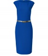 Effortless elegance is easily achieved with this bold-hued wool-blend sheath dress from Michael Kors - Bateau neckline, abbreviated cap sleeves, metallic snake-embossed leather belt, pencil skirt, figure-enhancing seam details, back slit, concealed back zip closure - Fitted silhouette - Style with strappy pumps, a sleek evening trench, and an embellished clutch