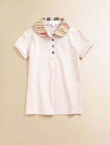 A checked, ruffled collar decorates this piqué polo style.Ruffled Peter Pan collarFront button placketShort sleeves95% cotton/5% elastaneMachine washImportedPlease note: Pattern may vary.