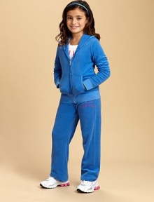 The plush velour hoodie that started the craze gets an update with colorful logo embroidery.Attached hoodLong sleevesFront zip with J pullRib-knit cuffs and hemSplit kangaroo pockets78% cotton/22% polyesterMachine washImported