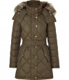 Ultra-luxe and undeniably stylish, this fitted down jacket from Burberry Brit will elevate any cold weather look - Stand collar with snaps, concealed zip closure, snap front placket, hood with raccoon fur trim, long sleeves, quilted, flap pockets with snaps, belted waist, fitted silhouette - Style with skinny jeans, a cashmere cardigan, and over-the-knee boots