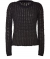 Fashionable texture is yours in this knitted sweater in dark brown and grey synthetic fiber - The eye-catching large knit design has a shiny Lurex element for a hint of elegance - Features a narrow waisted, short cut and long, fitted sleeves - TIghter knit rounded collar and small cuffs at sleeves - Looks great with a wool pencil skirt, opaque stocking and heels, or with skinny jeans and booties