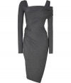 With its effortless cool asymmetrical cut and alluring figure-hugging jersey, Donna Karans draped dress is an ultra contemporary take on cocktail chic - Square neckline, one long sleeve, one thick strap with cut-out shoulder and long sleeve underneath, gathered tiered side detail, pull-over style - Form-fitting - Wear with streamlined accessories and statement sparkly jewelry