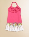 Cascading ruffles adorn this not-so-basic knit.Ruffled halterSleevelessElastic back95% cotton/5% spandexMachine washImported