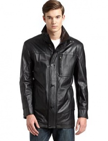 THE LOOKStand collar with snap closureConcealed zip front with button closureLong sleeves with snap cuffsZippered chest pocketFront slash pocketsInterior zip and slash pocketsTHE MATERIALLeatherFully linedShell: PolyesterFill: PolyesterSleeve lining: NylonCARE & ORIGINDry clean by leather specialistImported