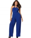 Flaunt your 70's flair in Spense's halter plus size jumpsuit, cinched by a belted waist-- it's so on-trend for the season!