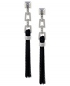 A brush with elegance. Vince Camuto's double-drop earrings feature a black chain tassel, topped off by silver-tone mixed metal adorned with black glass stone accents. Approximate drop: 4 inches.