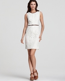 Faux leather accents lend an earthy feel to this romantic Anne Klein Dress lace shift.