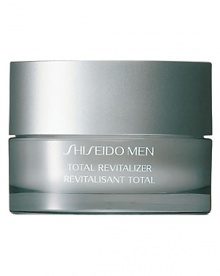 Shiseido Men Total Revitalizer. A high-performance cream that energizes skin and accelerates its ability to defy dryness, dullness, fine lines, and other visible signs of aging. Maximizes skins natural power to preserve its vitality. Reduces signs of damage for a more youthful look and brings new life to fatigued skin. Formulated with Damage Defense Complex, skin-invigorating botanicals and a Vitamin E derivative. Preserves moisture levels in skin for 24 hours. Recommended for all skin types. Apply to face after cleansing or shaving. Shiseido Men Total Revitalizer. A high-performance cream that energizes skin and accelerates its ability to defy dryness, dullness, fine lines, and other visible signs of aging. Maximizes skins natural power to preserve its vitality. Reduces signs of damage for a more youthful look and brings new life to fatigued skin. Formulated with Damage Defense Complex, skin-invigorating botanicals and a Vitamin E derivative. Preserves moisture levels in skin for 24 hours. Recommended for all skin types. Apply to face after cleansing or shaving.