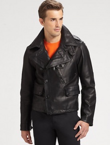 Sumptuous Italian leather lends rugged refinement to a trim-fitting jacket with a modern, asymmetrical construction.Zip/button frontZippered chest, waist flap pocketsAbout 21 from shoulder to hemLeatherDry cleanMade in Italy Sumptuous Italian leather lends rugged refinement to a trim-fitting jacket with a modern, asymmetrical construction.Zip/button frontZippered chest, waist flap pocketsAbout 21 from shoulder to hemLeatherDry cleanMade in Italy