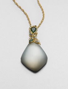 From the Lucite Allegory Collection. A marquise-shaped Lucite drop, hand-painted and hand-sculpted, is capped with a colorful cluster of semiprecious stones, Swarovski crystals and amethyst-tinted glass, hanging from a graceful golden chain.Garnet, pyrite and smokey quartzCrystal and glassLuciteGoldtoneChain length, about 23Lobster claspMade in USA From the Lucite Allegory Collection. A marquise-shaped Lucite drop, hand-painted and hand-sculpted, is capped with a colorful cluster of semiprecious stones, Swarovski crystals and amethyst-tinted glass, hanging from a graceful golden chain.Garnet, pyrite and smokey quartzCrystal and glassLuciteGoldtoneChain length, about 23Lobster claspMade in USA