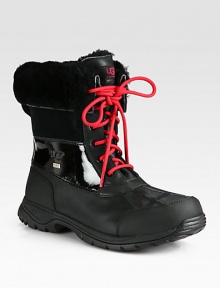 Plush shearling lines the folded-down cuff of a waterproof winter boot, constructed in durable leather with suede detail and rugged rubber trim.Leather upperLeather liningPadded insoleLug soleImported Plush shearling lines the folded-down cuff of a waterproof winter boot, constructed in durable leather with suede detail and rugged rubber trim.Leather upperLeather liningPadded insoleLug soleImported
