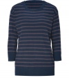 Trend favorite stripes get a super soft finish in DKNYs tri-color silk-cashmere pullover - Rounded-neckline, 3/4 sleeves, fine ribbed cuffs and hemline, long and slim silhouette - Perfect for pairing with favorite skinnies, cords, and midi-skirts alike