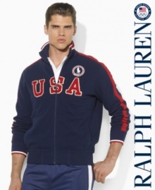 Rendered in lightweight, breathable cotton mesh with a hint of stretch, a full-zip track jacket is embellished with bold country embroidery to celebrate Team USA's participation in the 2012 Olympics. Rendered in lightweight, breathable cotton mesh with a hint of stretch, a full-zip track jacket is embellished with bold country embroidery to celebrate Team USA's participation in the 2012 Olympics.