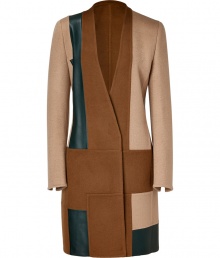 Crafted from exquisitely soft camel hair and accented with rich petrol leather paneling, Akris luxurious patchworked coat guarantees an elegant polish to your outfit - V-neckline, long sleeves, slit cuffs, hidden front snap and button closure, side slit pockets, patchworked seaming - Softly tailored fit - Wear with flawless accessories and slim-fitting separates Crafted from exquisitely soft camel hair and accented with rich petrol leather paneling, Akris luxurious patchworked coat guarantees an elegant polish to your outfit - V-neckline, long sleeves, slit cuffs, hidden front snap and button closure, side slit pockets, patchworked seaming - Softly tailored fit - Wear with flawless accessories and slim-fitting separates