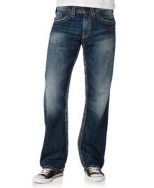 Thigh distressing gives these relaxed-fit jeans from Silver Jeans just the right worn-in look. Thigh distressing gives these relaxed-fit jeans from Silver Jeans just the right worn-in look.